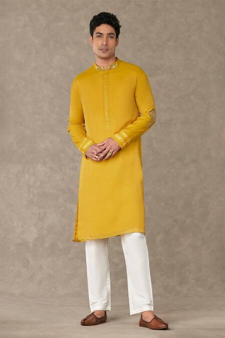 Shop_Masaba_Yellow Tissue Embroidery, Sequins Shajarah Palm Tree Kurta_Online_at_Aza_Fashions