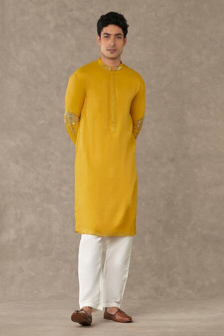 Masaba_Yellow Tissue, Cotton Sequins, Embroidery Shajarah Palm Tree Kurta With Pant_Online_at_Aza_Fashions