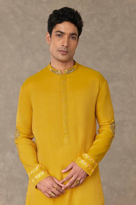Buy_Masaba_Yellow Tissue, Cotton Sequins, Embroidery Shajarah Palm Tree Kurta With Pant_Online_at_Aza_Fashions