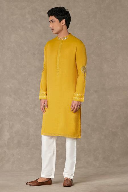 Shop_Masaba_Yellow Tissue, Cotton Sequins, Embroidery Shajarah Palm Tree Kurta With Pant_Online_at_Aza_Fashions