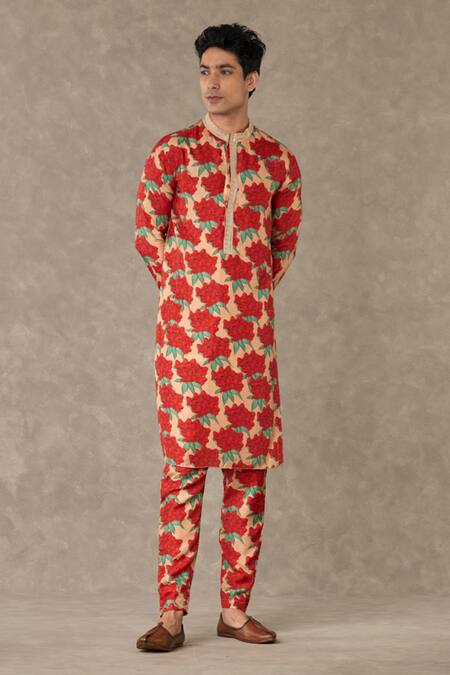 Buy_Masaba_Peach Silk Embroidery Carnation Bloom Print Kurta_Online_at_Aza_Fashions