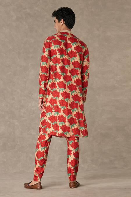 Shop Masaba Peach Silk Embroidery Carnation Bloom Print Kurta With Pant at Aza Fashions Shop_Masaba_Peach Silk Embroidery Carnation Bloom Print Kurta With Pant_at_Aza_Fashions