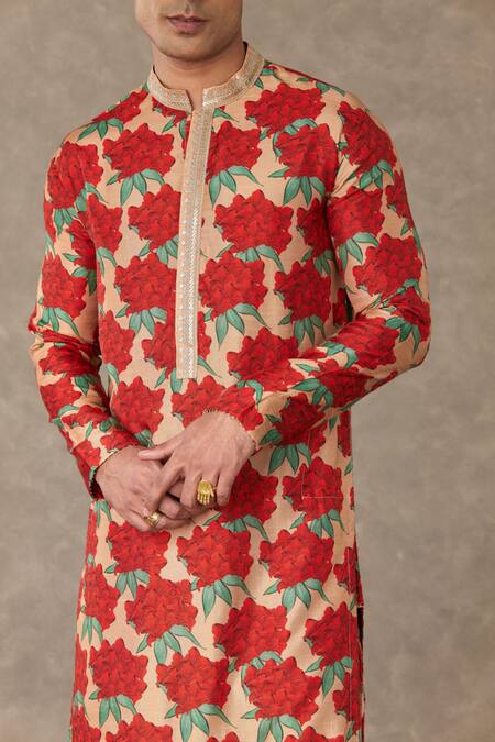 Masaba Peach Silk Embroidery Carnation Bloom Print Kurta With Pant Online at Aza Fashions Masaba_Peach Silk Embroidery Carnation Bloom Print Kurta With Pant_Online_at_Aza_Fashions
