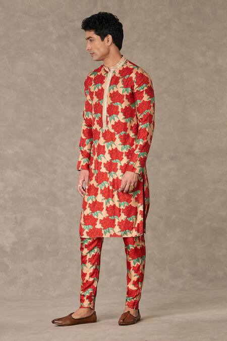 Shop Masaba Peach Silk Embroidery Carnation Bloom Print Kurta With Pant Online at Aza Fashions Shop_Masaba_Peach Silk Embroidery Carnation Bloom Print Kurta With Pant_Online_at_Aza_Fashions