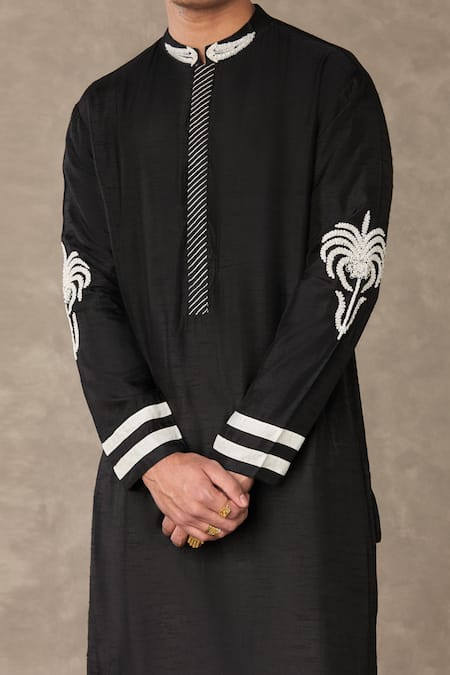 Masaba_Black Silk Embroidery Shajarah Palm Tree Dori Sequin Kurta_Online_at_Aza_Fashions