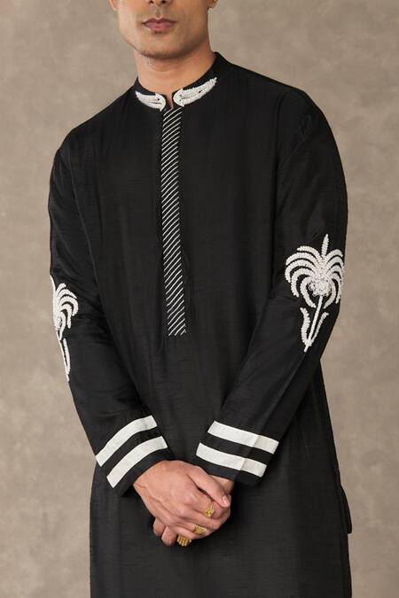 Masaba_Black Raw Silk Embroidery Palm Tree Shajarah Sequin Kurta With Pant_Online_at_Aza_Fashions