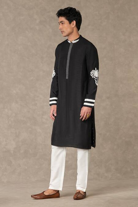 Buy_Masaba_Black Raw Silk Embroidery Palm Tree Shajarah Sequin Kurta With Pant_Online_at_Aza_Fashions