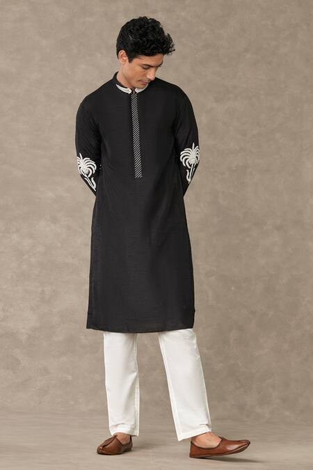 Shop_Masaba_Black Raw Silk Embroidery Palm Tree Shajarah Sequin Kurta With Pant_Online_at_Aza_Fashions