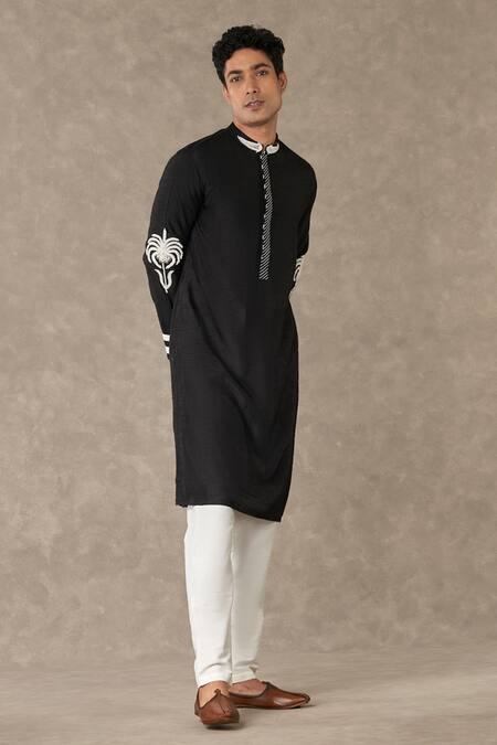 Masaba_Black Raw Silk Embroidery Palm Tree Shajarah Sequin Kurta With Pant_at_Aza_Fashions