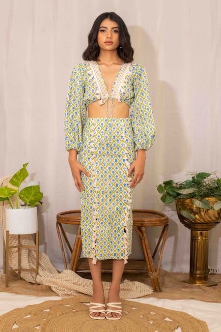 Kalakaari By Sagarika_Off White Cotton Lace, Floral Hand Block Print Blouse With Pencil Skirt _Online_at_Aza_Fashions