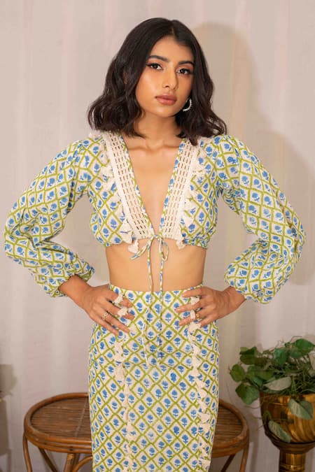 Kalakaari By Sagarika_Off White Cotton Lace, Floral Hand Block Print Blouse With Pencil Skirt _at_Aza_Fashions