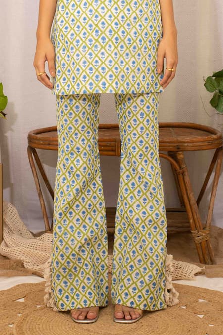 Shop_Kalakaari By Sagarika_Off White Cotton Tassels Bloom Print Longline Tube Top With Bell Bottom Pant _Online_at_Aza_Fashions