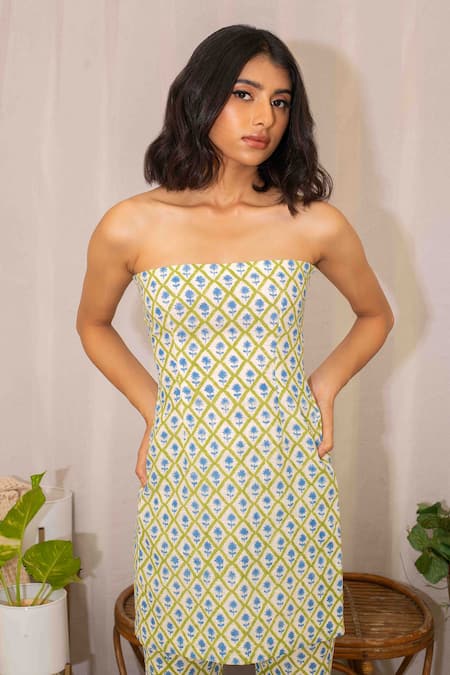 Shop_Kalakaari By Sagarika_Off White Cotton Tassels Bloom Print Longline Tube Top With Bell Bottom Pant 