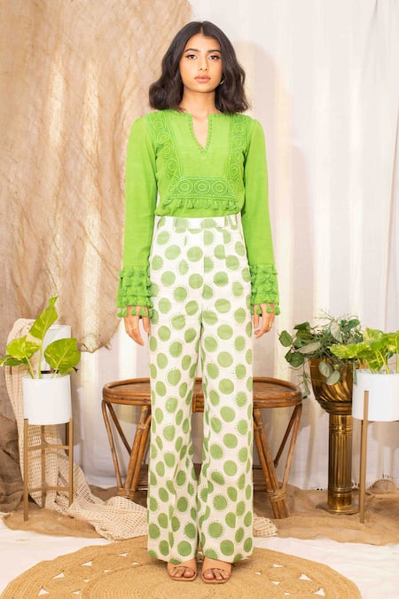 Shop_Kalakaari By Sagarika_Off White Cotton Lace, Tassels V-neck Embellished Top With Polka Dots Print Pant _Online_at_Aza_Fashions