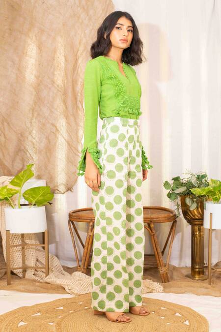 Kalakaari By Sagarika_Off White Cotton Lace, Tassels V-neck Embellished Top With Polka Dots Print Pant _at_Aza_Fashions