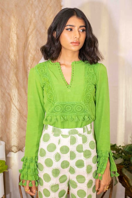 Shop_Kalakaari By Sagarika_Off White Cotton Lace, Tassels V-neck Embellished Top With Polka Dots Print Pant 