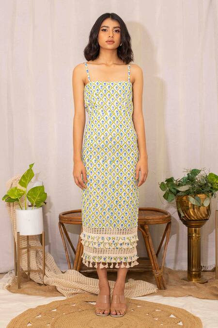 Kalakaari By Sagarika_Off White Cotton Tassels Square Neck Flora Hand Block Print Maxi Dress _Online_at_Aza_Fashions