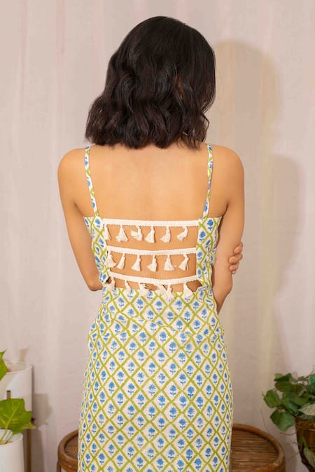 Kalakaari By Sagarika_Off White Cotton Tassels Square Neck Flora Hand Block Print Maxi Dress _at_Aza_Fashions