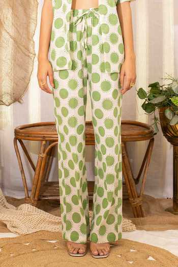 Kalakaari By Sagarika_Off White Cotton Collared, V-neck Polka Print Shirt Pant Set _Online_at_Aza_Fashions