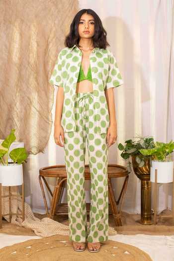 Buy_Kalakaari By Sagarika_Off White Cotton Collared, V-neck Polka Print Shirt Pant Set _Online_at_Aza_Fashions