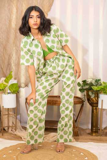 Shop_Kalakaari By Sagarika_Off White Cotton Collared, V-neck Polka Print Shirt Pant Set _Online_at_Aza_Fashions