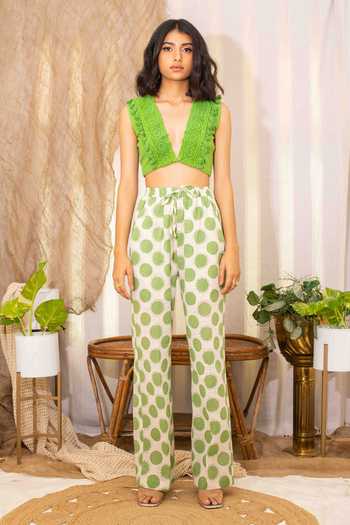 Kalakaari By Sagarika_Off White Cotton Collared, V-neck Polka Print Shirt Pant Set _at_Aza_Fashions
