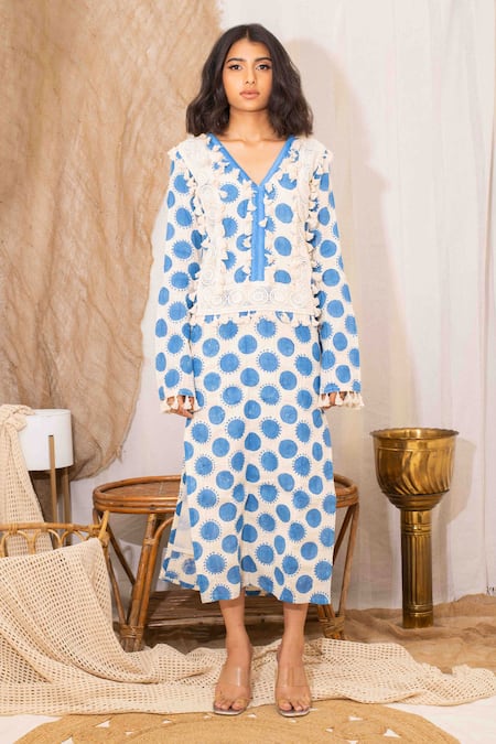 Kalakaari By Sagarika_Off White Cotton Lace Polka Dots Print Embellished Dress_Online_at_Aza_Fashions