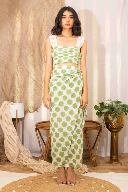 Buy Kalakaari By Sagarika Off White Cotton Square Neck Polka Magic Print Top With Wrap Skirt Online at Aza Fashions Buy_Kalakaari By Sagarika_Off White Cotton Square Neck Polka Magic Print Top With Wrap Skirt _Online_at_Aza_Fashions