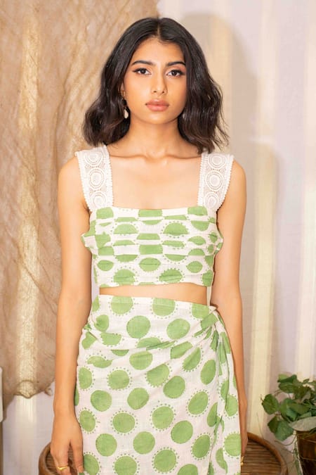 Buy Kalakaari By Sagarika Off White Cotton Square Neck Polka Magic Print Top With Wrap Skirt Buy_Kalakaari By Sagarika_Off White Cotton Square Neck Polka Magic Print Top With Wrap Skirt