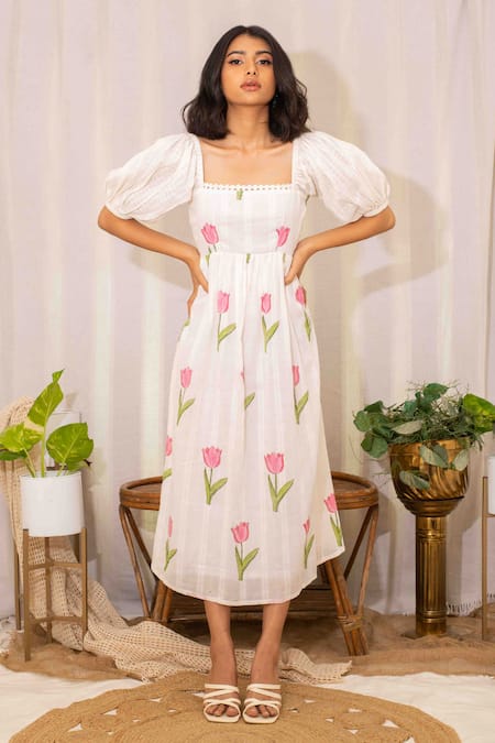 Kalakaari By Sagarika White Cotton Print Tulip Garden Square Midi Dress 