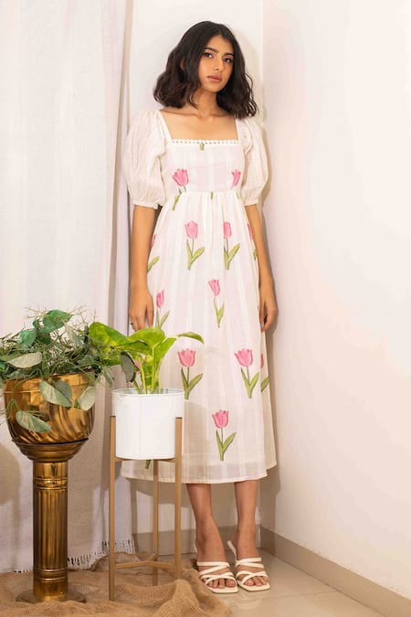 Kalakaari By Sagarika_White Cotton Tassels Square Neck Tulip Garden Print Midi Dress _Online_at_Aza_Fashions