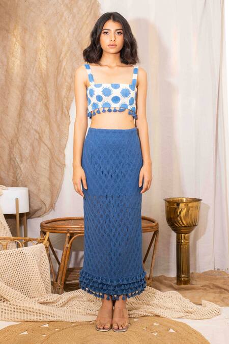 Buy_Kalakaari By Sagarika_Off White Cotton Tassels Square Neck Polka Print Blouse With Crochet Skirt _Online_at_Aza_Fashions