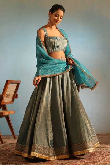 Weaver Story_Blue Tissue, Silk Embroidery, Zari Square Neck Placement Hand Lehenga Set _Online_at_Aza_Fashions
