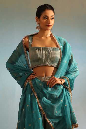 Buy_Weaver Story_Blue Tissue, Silk Embroidery, Zari Square Neck Placement Hand Lehenga Set _Online_at_Aza_Fashions
