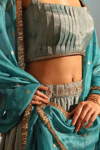 Shop_Weaver Story_Blue Tissue, Silk Embroidery, Zari Square Neck Placement Hand Lehenga Set _Online_at_Aza_Fashions