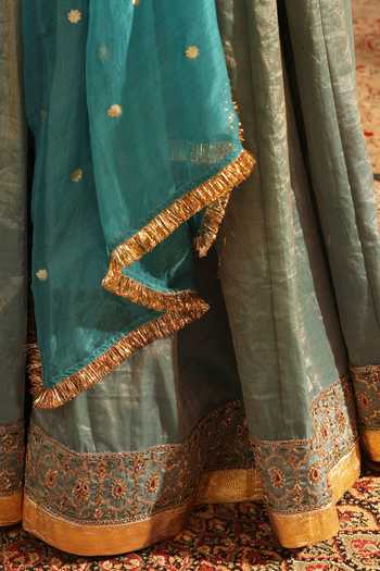 Weaver Story_Blue Tissue, Silk Embroidery, Zari Square Neck Placement Hand Lehenga Set _at_Aza_Fashions
