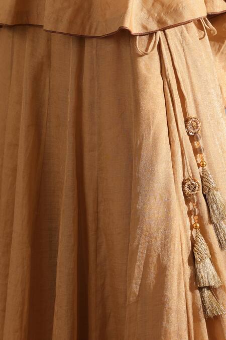 Weaver Story_Beige Tissue, Silk Embroidery, Lace Sweetheart Neck Lehenga Peplum Blouse Set _at_Aza_Fashions