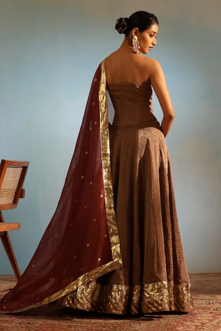 Shop_Weaver Story_Brown Tissue, Silk Embroidery Sweetheart Neck Corset Lehenga Set _at_Aza_Fashions