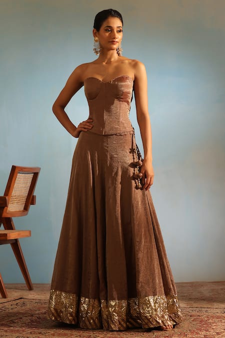 Weaver Story_Brown Tissue, Silk Embroidery Sweetheart Neck Corset Lehenga Set _Online_at_Aza_Fashions