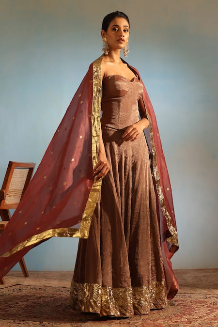 Buy_Weaver Story_Brown Tissue, Silk Embroidery Sweetheart Neck Corset Lehenga Set _Online_at_Aza_Fashions