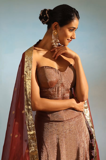 Shop_Weaver Story_Brown Tissue, Silk Embroidery Sweetheart Neck Corset Lehenga Set _Online_at_Aza_Fashions
