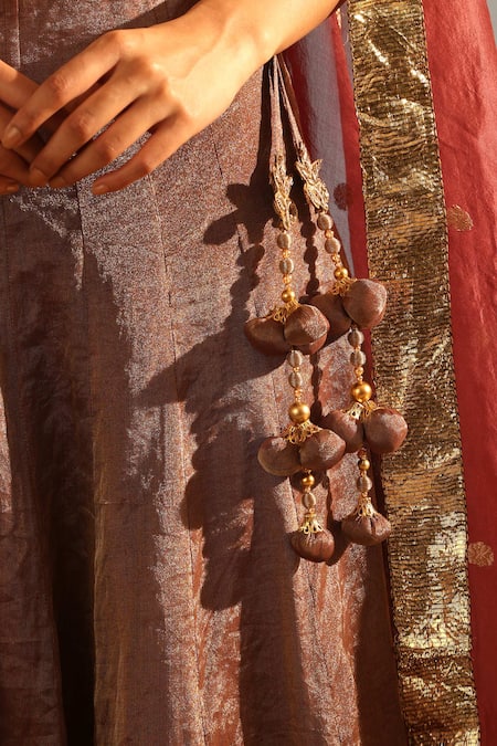 Weaver Story_Brown Tissue, Silk Embroidery Sweetheart Neck Corset Lehenga Set _at_Aza_Fashions