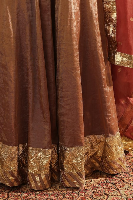 Buy_Weaver Story_Brown Tissue, Silk Embroidery Sweetheart Neck Corset Lehenga Set 