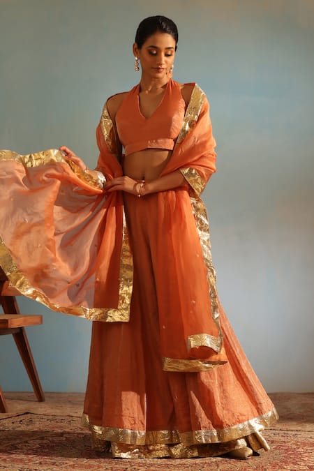 Weaver Story Orange Tissue Silk Placement Embellished Lehenga Sleeveless Blouse Set 