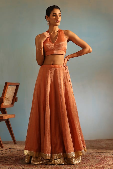 Weaver Story_Orange Tissue, Silk Embroidery, Lace V-neck Lehenga Sleeveless Blouse Set _Online_at_Aza_Fashions