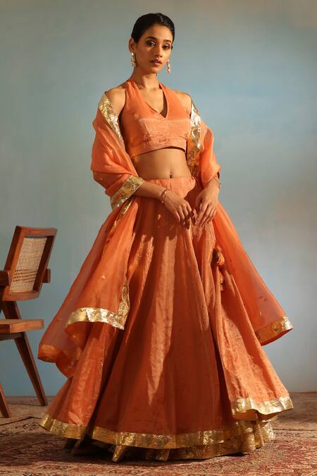 Buy_Weaver Story_Orange Tissue, Silk Embroidery, Lace V-neck Lehenga Sleeveless Blouse Set _Online_at_Aza_Fashions