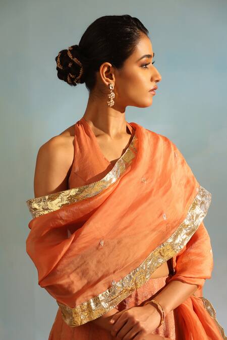 Shop_Weaver Story_Orange Tissue, Silk Embroidery, Lace V-neck Lehenga Sleeveless Blouse Set _Online_at_Aza_Fashions