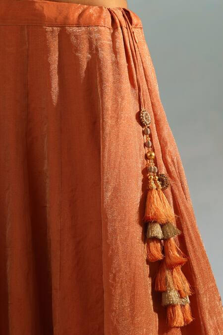 Weaver Story_Orange Tissue, Silk Embroidery, Lace V-neck Lehenga Sleeveless Blouse Set _at_Aza_Fashions