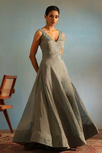 Buy_Weaver Story_Blue Tissue, Silk Embroidery V-neck Anarkali Set With Butti Work Dupatta _Online_at_Aza_Fashions