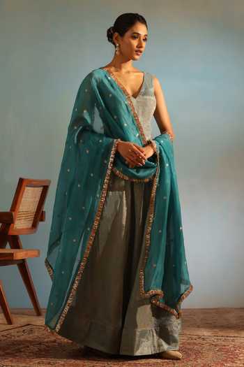 Shop_Weaver Story_Blue Tissue, Silk Embroidery V-neck Anarkali Set With Butti Work Dupatta _Online_at_Aza_Fashions